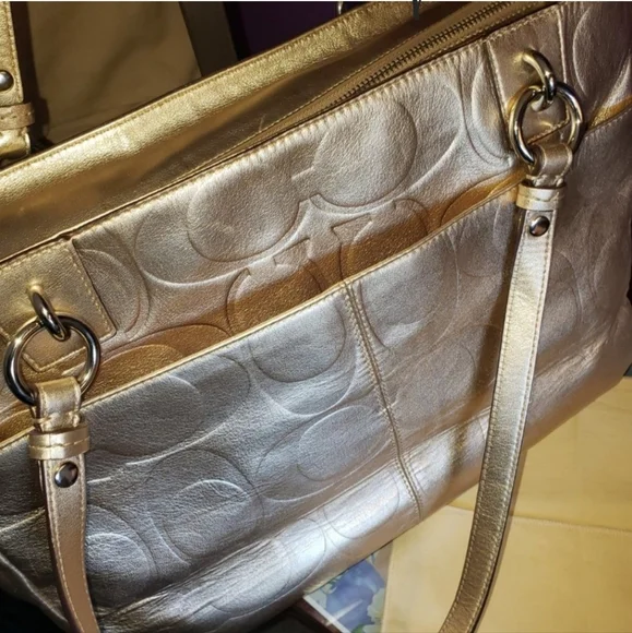 Coach Gold Metallic Monogram Embossed Shoulder Tote - Picture 6 of 15